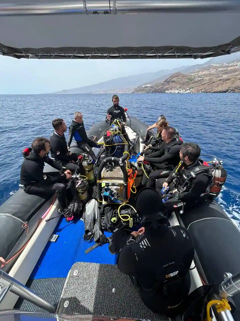 Deep ocean diving team on Zodiac in Tenerife.